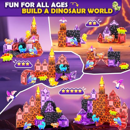 Mini Magnetic Tiles Dinosaur Volcano Set, Magnetic Blocks with 6 Dinosaurs | Road Trip Essentials for Car & Airplane Magnet Tiles STEM Construction Building Toys, Gifts & Toys for Boys Girls Ages 3-12 - size: Dinosaur Set
