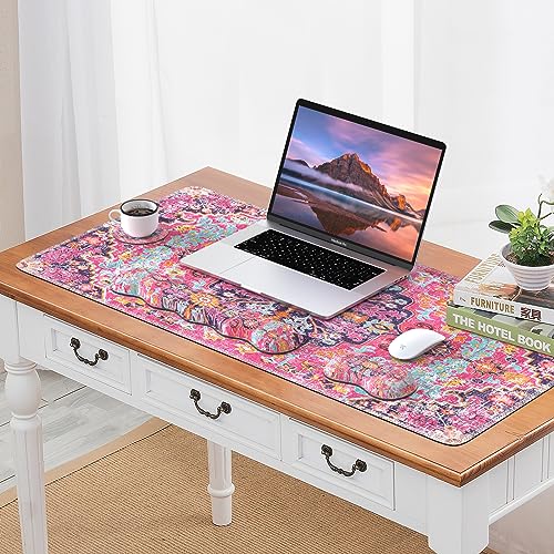 iLeadon Desk Mat Set,Boho Retro Art Mouse Pad with Wrist Rest | Mouse Pad Wrist Rest and Keyboard Wrist Rest Set,Large Mouse Pad,Coaster, 4in1 Rug Large Gaming Mouse Pad Set for Home Office - color: Boho Retro Art