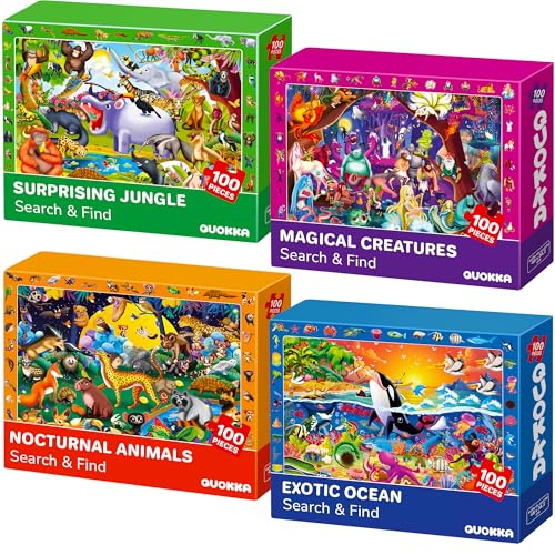 QUOKKA 100 Piece Puzzles for Kids Ages 4-6 - 4 Jigsaw Puzzles for Kids Ages 6-8 - Search and Find Observational Nocturnal Life for Childrens 5-8 - Learning Educational Toys for Boys and Girls 8-10 - color: 4x100 Animals