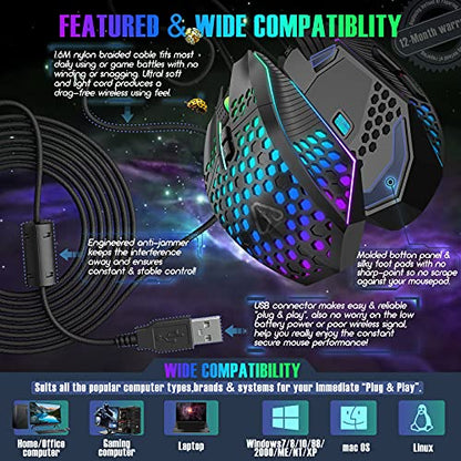 Ergonomic Gaming Mouse - USB Wired Computer Gamer Mice with 8000 DPI Adjustable/Customizable Buttons/RGB Backlit - for Windows 7/8/10/XP, Vista, Linux, PC/Mac/Laptop