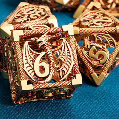 ARUOHHA Hollow DND Metal Dice Set Golden Red Dragons D and D Dice, RPG Role Playing Games Dungeons Polyhedral Dice with Gift Box D20 D12 D10 D8 D6 D4 - color: Golden Red