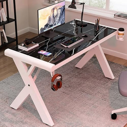 Tempered Glass Computer Desk, Modern Home Office Desk Personal Workstation with X-Shaped Metal Frame, Student Writing Desk Gaming Desk with Cable Management(80cm/31, Black E) - color: Black E, size: 80cm/31"
