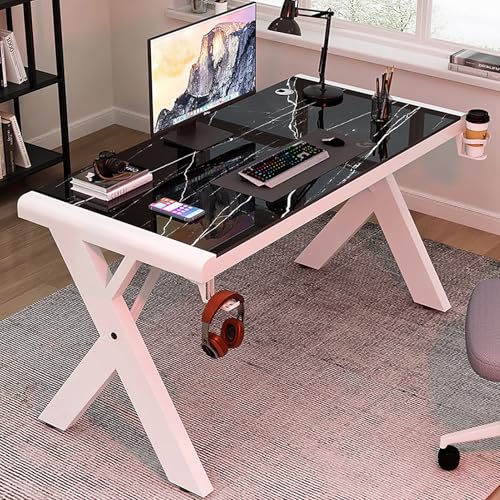 Tempered Glass Computer Desk, Modern Home Office Desk Personal Workstation with X-Shaped Metal Frame, Student Writing Desk Gaming Desk with Cable Management(80cm/31, Black E) - color: Black E, size: 80cm/31"