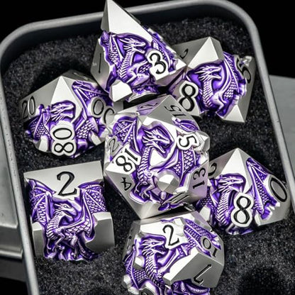Roycevon Relief Dragon DND Dice Set for Role Playing Game, 7Pcs Metal D&D Dice Set Dungeons Dragons with Gift Box, Polyhedral D and D Dice D20 D12 D10 D8 D6 D4, Purple and Black - color: Purple and Black