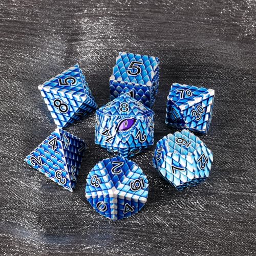 Metal Dice Set D&D,7 PCS Dragon Scale Metallic DND Dice Set,Dragon Eye Metal Dice with Grogeous Gift Case for Dungeons and Dragon Tabletop Game (Blue Dragon Scale & Purple Eye) - color: Blue Dragon Scale & Purple Eye