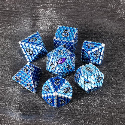 Metal Dice Set D&D,7 PCS Dragon Scale Metallic DND Dice Set,Dragon Eye Metal Dice with Grogeous Gift Case for Dungeons and Dragon Tabletop Game (Blue Dragon Scale & Purple Eye) - color: Blue Dragon Scale & Purple Eye