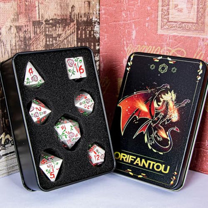 Gothic DND Dice Set Bleeding Rose Metal D and D Dice for use with Dungeons Dragons D&D Role Playing Game, Purple Red RPG Polyhedral Dice Set D20 D12 D10 D8 D6 D4 - color: Purple Red&silver&red Numbers