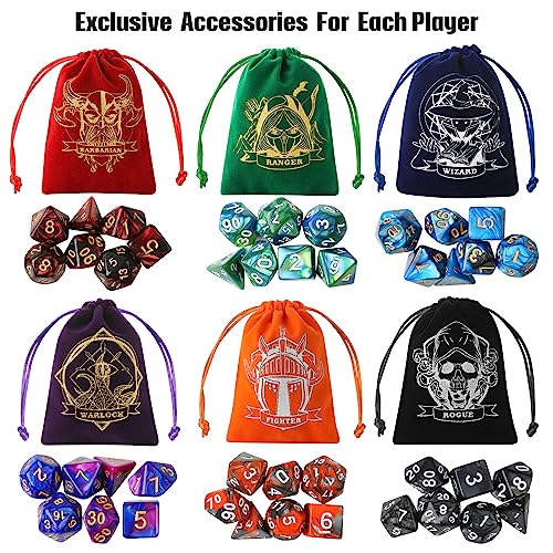 Grajar D&D Dice Set with Characters Pattern Dice Pouches, 42 Pcs polyhedral dice Set, PU Leather and Velvet dice Tray for Dungeons and Dragons D&D RPG MTG Table Games - style: Role-Bicolor