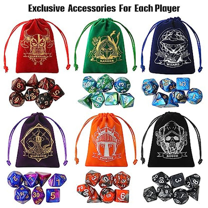 Grajar D&D Dice Set with Characters Pattern Dice Pouches, 42 Pcs polyhedral dice Set, PU Leather and Velvet dice Tray for Dungeons and Dragons D&D RPG MTG Table Games - style: Role-Bicolor