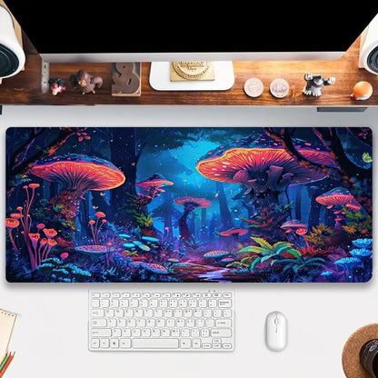 Simpkeely Fantasy Mushroom Mouse Pad, Blacklight Gaming Forest Waterproof Extended Large Desk Pad UV Long Computer Keyboard Big Mouse Mat with 3mm Non-Slip Rubber Base for Office Home - 31.5" x 11.8" - color: Mushroom Forest