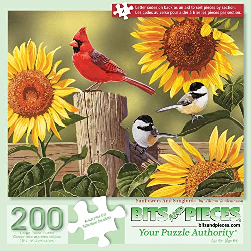 Bits and Pieces – 200 Piece Jigsaw Puzzle for Adults – Sunflower & Songbirds - Cardinals Jigsaw Puzzle by William Vanderdasson, Completed Puzzle Size: 15" x 19" - size: 200 Piece Puzzle