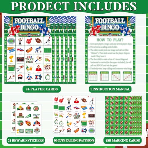 Lonfliness 39Pcs Football Bingo Game for Adults 24 Players American Football Bingo Game Cards with Reward Stickers for Family Friends Large Group Activities Sports Theme Birthday Party Favors - style: Football