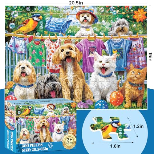 300 Piece Puzzles for Adults, Cute Dog Jigsaw Puzzle for Adults Children Elderly, Large Piece Fun Animal Puzzle for Kids Ages 8-10 10-12, Challenging Landscape Puzzles,Family Game Great Gift 20.5*15in - style: Cute Dogs Cats