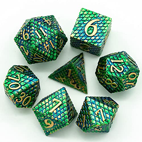 UDIXI Metal Dice Set D&D, 7-Die Dragon Scale Metal DND Dice Set Polyhedral for Role Playing Games and Other Tabletop Game (Green) - color: Dragon Scale-green and Blue