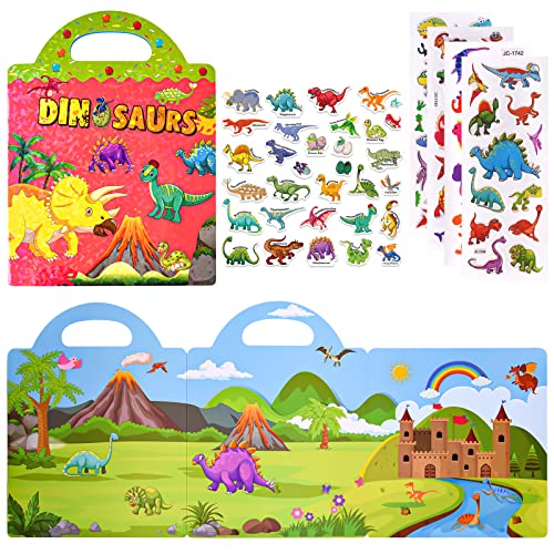 ASTARON Reusable Sticker Book for Toddlers, 88 Pcs Dinosaur Stickers Road Trip Activities Car Airplane Activities Travel Toys for Kids, Kids Quiet Time Activities (2-6 Age) - style: Dinosaurs