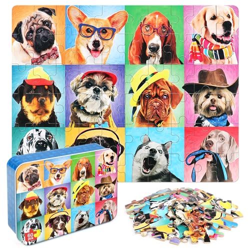 LELEMON Puzzles for Kids Ages 4-6,Dog 60 Piece Puzzles for Kids Ages 4-8 | Children Jigsaw Puzzles Kids Puzzles in a Metal Box,Educational Learning Puzzle Toys for Girls and Boys - color: Smart Dog