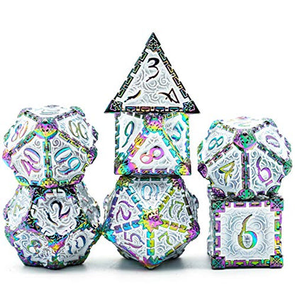 Cusdie 7 Pcs Metal DND Dice with Metal Box, Dagger Design Polyhedral Dice Set, for Role Playing Game D&D Dice (Colorful White) - color: Colorful White