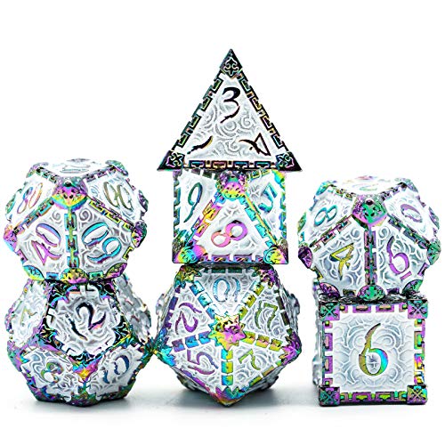 Cusdie 7 Pcs Metal DND Dice with Metal Box, Dagger Design Polyhedral Dice Set, for Role Playing Game D&D Dice (Colorful White) - color: Colorful White