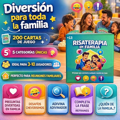 Risaterapia en Familia - Juego de Mesa Familiar en Español, 200 Cartas, 5 Categorías para Reír y Conectar. Spanish Games for Family 13+. Perfecto Como juegos familiares Divertidos.