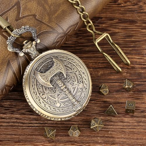 Mini DND Dice Set with Steampunk Barbarian Axe Pocket Watch Shell Case, 7pcs Polyhedral Metal DND Dice Set, D&D Gifts with Gift Box, Role Playing Board Games DND Accessories, Bronze - color: Bronze