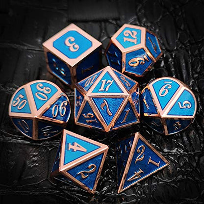 Haxtec Metal DND Dice Set Copper Blue Polyhedral Dice Compatible with Dungeons and Dragons TTRPG Metal Dice with Leather Dice Bag D&D Gifts for DND Lovers Players Masters - color: Copper Blue