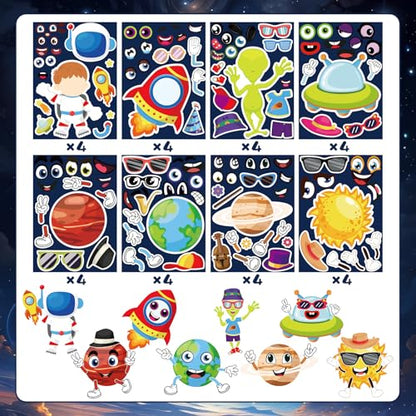 32 Sheet Make Your Own Outer Space Stickers Solar Stystem Astronaut Mix and Match Spaceship Planets Game Stickers for Kids Space Birthday Party Favor Decorations DIY Craft Supplies