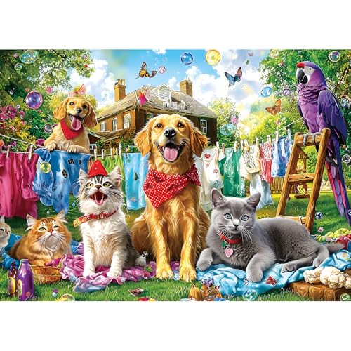 Laundry Day Pets 1000 Piece Jigsaw Puzzle for Adults - Colorful Backyard Garden Scene with Dogs, Cats & Parrot - Playful Animal Challenging & Fun Adult Puzzle - Vibrant Home Décor & Game Night Gift - color: Colorful Playful Animal