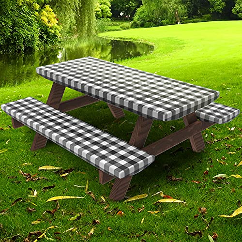 UMINEUX Picnic Table Cover with Bench Covers Fitted Table Clothes for 6 Foot Rectangle Tables Vinyl Flannel Backing with Elastic Edge -for Outdoor/Indoor Party&Dining(30x72 Inch,3-Pieces, Black Plaid) - color: Black & White Checkered, size: 30" x 72" (Rec