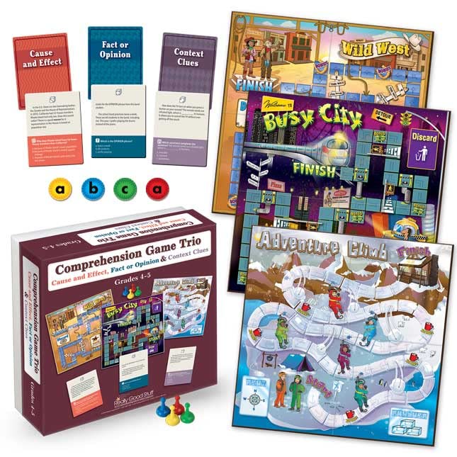 Really Good Stuff Reading Comprehension Board Game Trio, Grades 4-5 | Cause and Effect, Fact or Opinion & Context Clues, Set of 3 Games - size: Grades 4-5, style: Cause and Effect, Fact Or Opinion & Context Clues