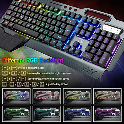 Wireless Membrane RGB Gaming Keyboard and Mouse with Rainbow Backlit-Black | Rechargeable 4800mAh Battery,Metal Panel,Ergonomic,Waterproof,Dustproof,7 Color Mute 2400 DPI Mice for Computer PC Mac Gamer - color: Black RGB