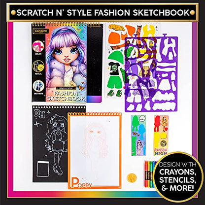 Rainbow High Scratch ‘n Style Fashion Sketchbook by Horizon Group USA, Scratch Art, Coloring Book, Includes Stencils, Crayons, Scratch Art Stickers & More,Multi,210933 - style: Coloring Book