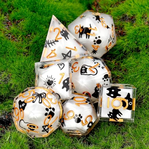 Haxtec Cat DND Dice Set White Sharp Edge Resin Dice Set with Dice Case, Handmade D and D Dice Polyhedral D&D Dice Set for TTRPGs Compatible with Dungeons and Dragons DND Gifts - color: White