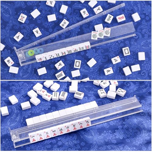 American Mahjong Game Set, 166 White Tiles, 4 Transparent All-in-One Rack/Pushers, Complete Mahjong Tile Set, Blue-Red Printed Carrying Bag - color: Blue-red