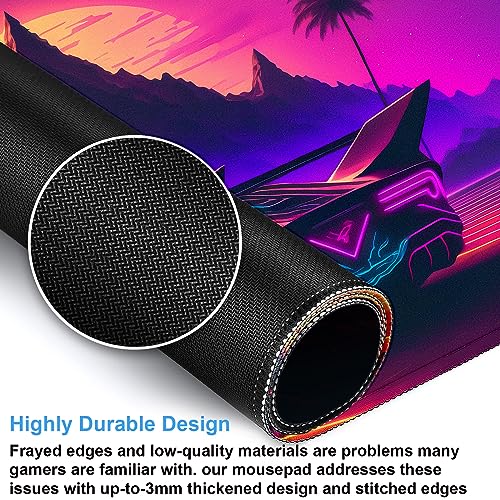 Synthwave Desk Mat, Retro Car XXL Large Gaming Mouse Pad 31.5x15.7 in | Neon cyberpunk car desk pad with soft 3mm cushion, smooth textile surface, and steady non-slip rubber core. - color: Futuristic Neon City
