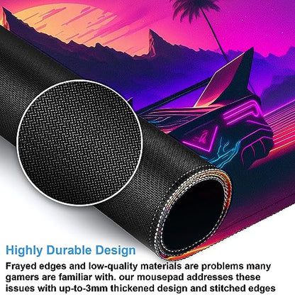 Synthwave Desk Mat, Retro Car XXL Large Gaming Mouse Pad 31.5x15.7 in | Neon cyberpunk car desk pad with soft 3mm cushion, smooth textile surface, and steady non-slip rubber core. - color: Futuristic Neon City