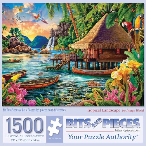 Bits and Pieces 1500 Piece Puzzles for Adults - Large 24" x 33" Large Jigsaw Puzzles 1500 Pieces Tiki Hut Polynesian Lagoon, Random Die Cut, No 2 Pieces Alike, Tropical Landscape - size: 1500 Piece Puzzle