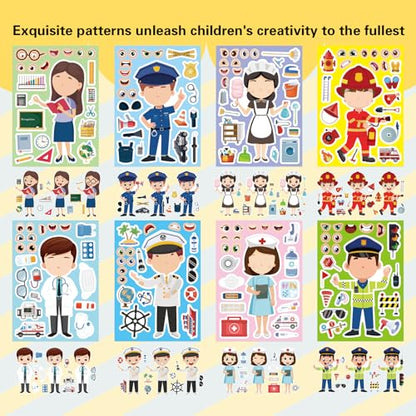 24 Sheets Make a Face Sticker, Educational Stickers for Kids, Make Your Own Occupation Post Stickers with 8 Designs of Firefighter Doctor Policeman Teacher Sticker, Birthday Gift Craft Party Favor - style: Educational Stickers