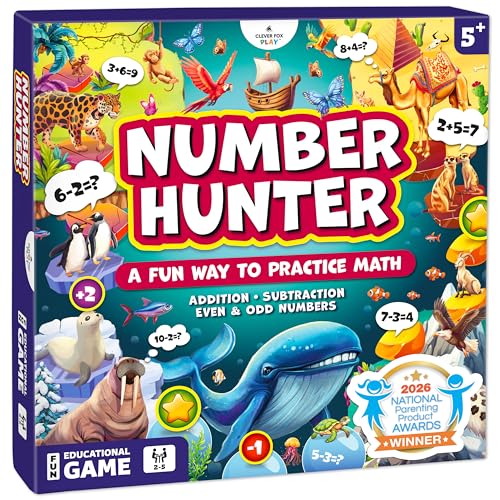 Number Hunter Math Board Game for Kids 5-7, 1st Grade & Kindergarten | Addition and subtraction game, STEM toy for 5+ year old, homeschool essentials, classroom learning, family game night