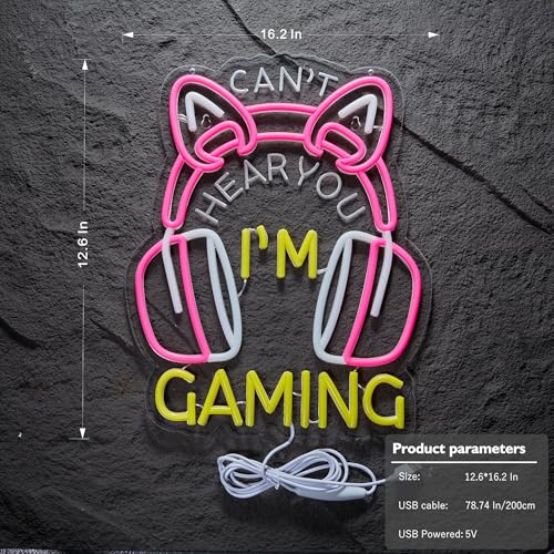 Pink Gaming Neon Sign for Wall Decor,Can't Hear You I'm Gaming Headset Gamer Dimmable LED Neon Signs Lights for Bedroom,Game Signs for Game Zone Video Room Girl or Boy Bedroom Art Birthday Party Gift