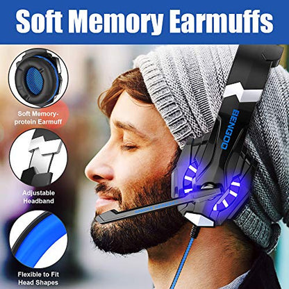BENGOO G9000 Stereo Gaming Headset for PS4 PC Xbox One PS5 Controller, Noise Cancelling Over Ear Headphones with Mic, LED Light, 7.1 Surround Sound, Soft Memory Earmuffs for Nintendo Xbox Series X|S - color: Blue