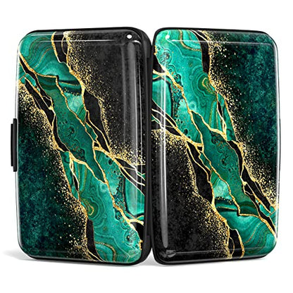Credit Card Holder, Mini Aluminum Card Wallet RFID Blocking Slim Metal Hard Card Case for Women Men, Green Black Marble - color: Green Black Marble