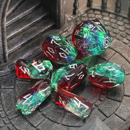 FONVGOGO Resin DND Dice, Dungeons and Dragons Dice Set DND with Box Polyhedral D and D Dice 7 Piece Role Playing Dice（Green and Silver） - color: S Green and Silver