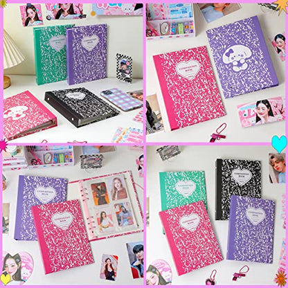 Kpop Photocard Binder 3 Inch, 25 Pocket Inner Pages, 50pcs Holographic Card Sleeves, 6 Sheets Cute Korean Stickers - color: Black