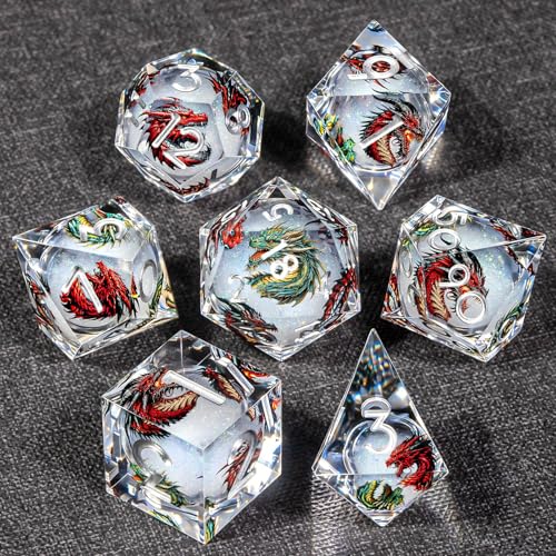 KERWELLSI Liquid Core Dragons Pattern Dice, Resin DND Dice Set with Gift Box, White Sharp Edged Dungeons D&D Dice, Role Playing Game Dice D20 D12 D10 D8 D6 D4 - color: White