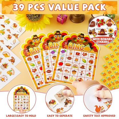 39 Pcs Thanksgiving Party Bingo Game for Adults Kids 24 Players Turkey Shaped Bingo Game Cards with Reward Stickers for Family Friends Students Large Group Activities Fall Autumn Festival Party Favors - style: Thanksgiving