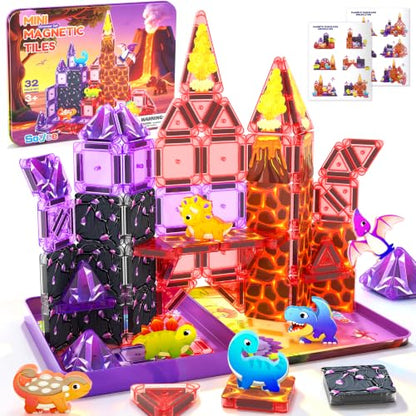 Mini Magnetic Tiles Dinosaur Volcano Set, Magnetic Blocks with 6 Dinosaurs | Road Trip Essentials for Car & Airplane Magnet Tiles STEM Construction Building Toys, Gifts & Toys for Boys Girls Ages 3-12 - size: Dinosaur Set