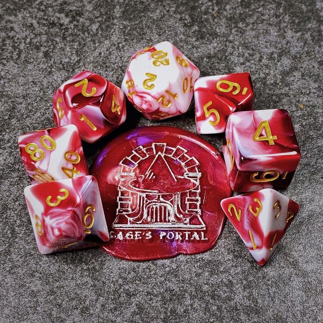 Sage’s Portal Stones DND Dice Set Acrylic Opaque 7-PC Polyhedral DND Dice Set for Dungeons and Dragons D&D Sage’s Cantrips RPG Tabletop TTRPG (Red/White) - color: Red/White