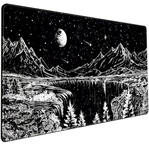 Black and White Desk Mat Dark Nature Forest Mouse pad XXL Starry Night Mountain Desk pad Aesthetic Moon and Stars Mousepad XXL for Laptop Computer Mouse Gaming Keyboard Mat, 31.5 X 15.8 in - color: Night Painting