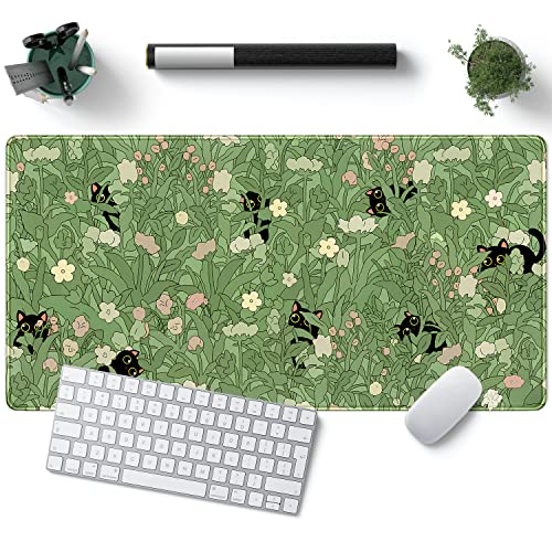 YKJWW Green Desk Mat Cat Cute Flower Plant Cool Desk Pad XXL Keyboard Mat | Desk Mat for Women Office Gamer Home Decor Supplies Desk Accessories Pad Non-Slip Mousepad with Stitched Edge Mat 31.5x15.7in - color: B-cat in the Meadow
