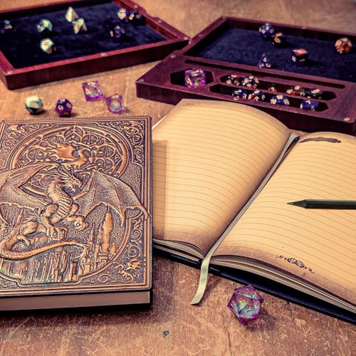 First Reign 3-in-1 DnD Dice Box, DnD Dice Tray & Journal | D&D Starter Set | DnD dice box with double rolling trays & journal | Fits 2 RPG dice sets, mini, pencil (not included) | DnD accessories & gift